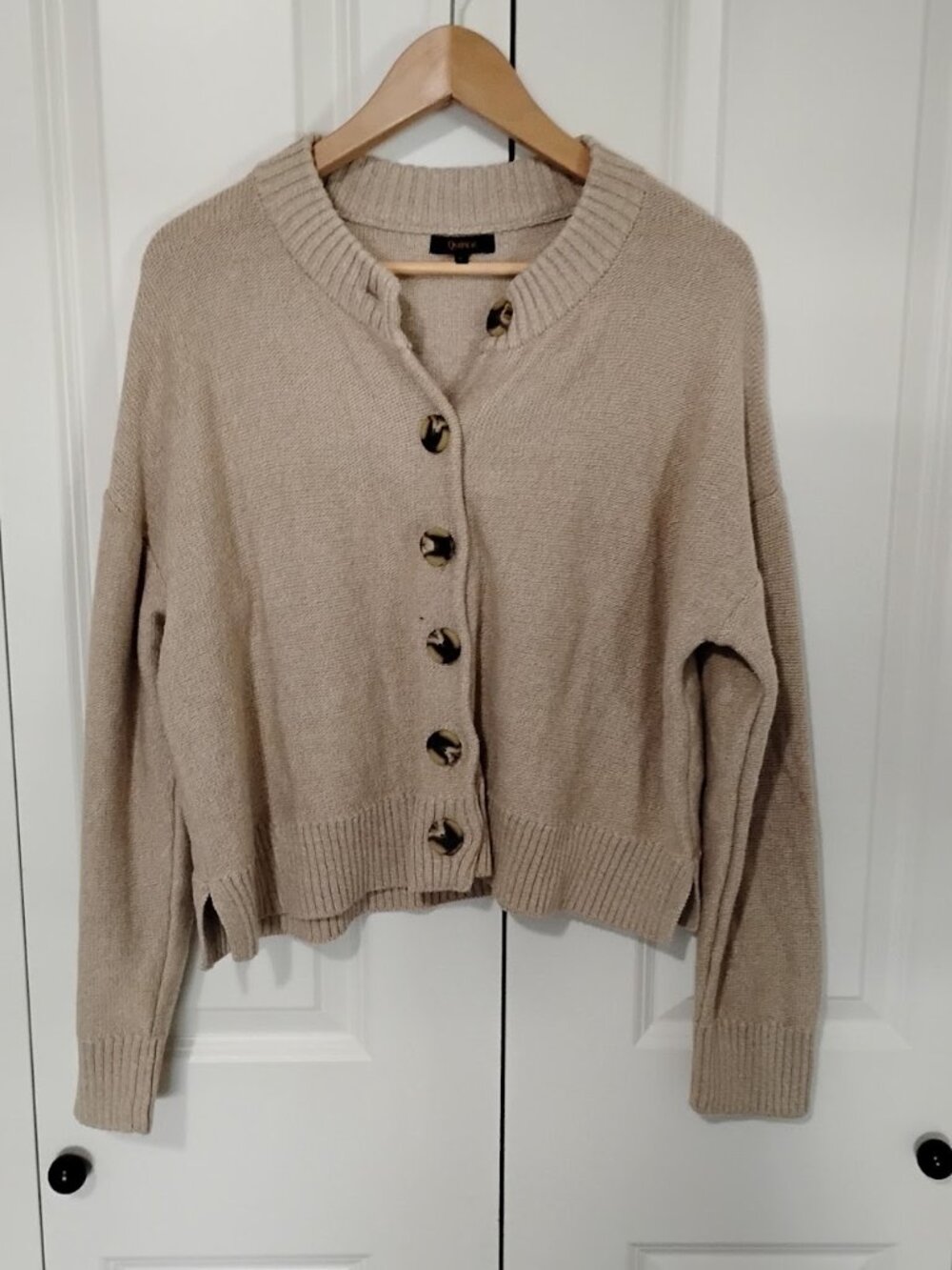 Quince Women's Beige 100% Organic Cotton Button-Front Knit Cropped Cardigan Sz L - Picture 2 of 5